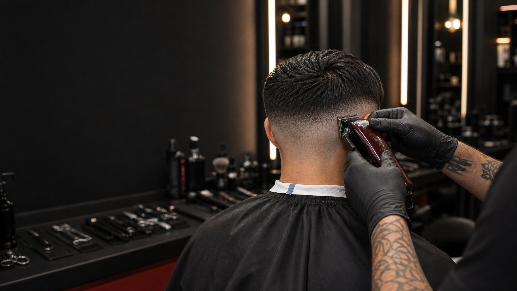 A barber finishing a clean fade with clippers in a modern barbershop